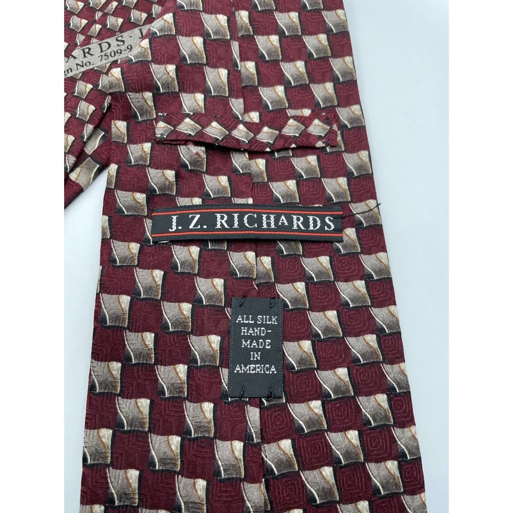 JZ Richards Mens Silk Tie Burgundy Gold Geometric Hand Made USA 7509-9